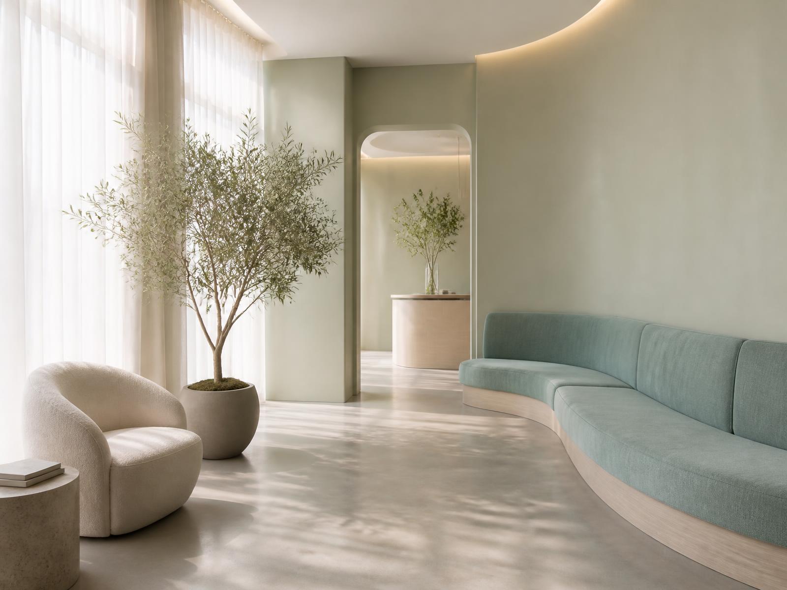 Calm sage and teal wellness clinic waiting space with soft daylight