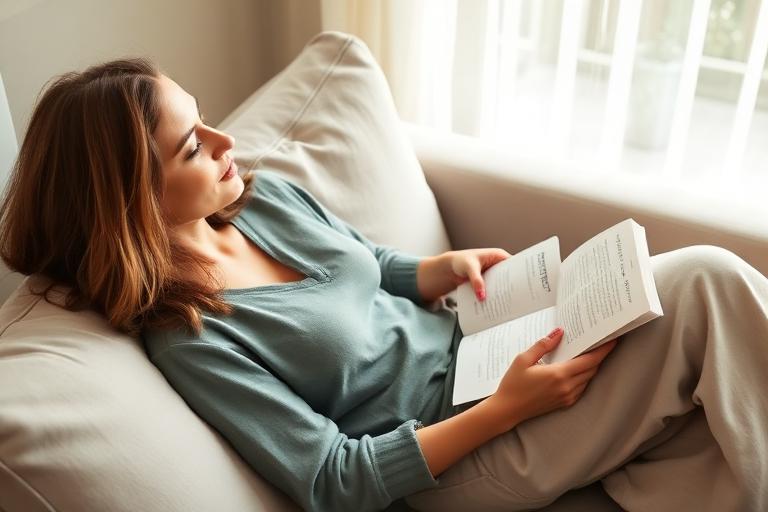 A woman resting at home with tea and a wellness journal