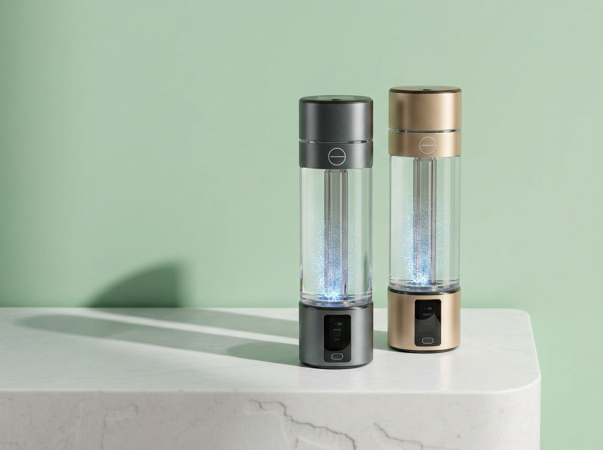 LUMA hydrogen wellness bottles in charcoal and champagne finishes on a pale sage studio background