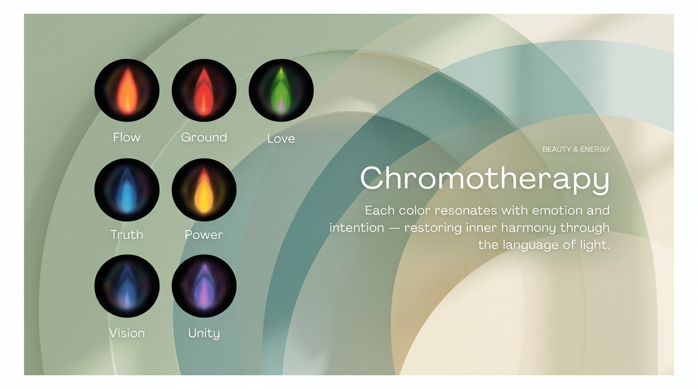 LumiVitae chromotherapy light settings: Flow, Ground, Love, Truth, Power, Vision, and Unity