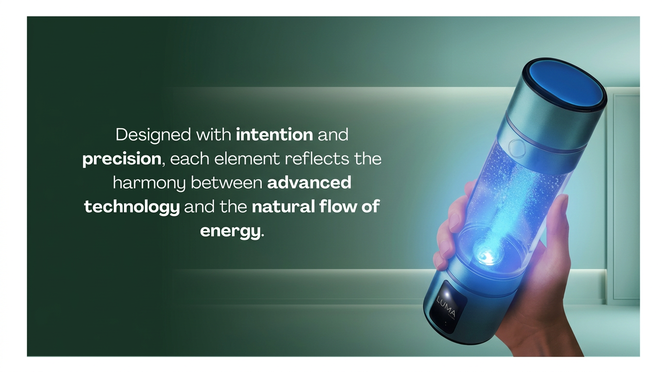 A hand holding the LumiVitae LUMA hydrogen bottle glowing with blue light