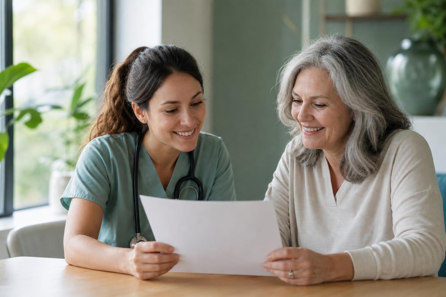 Licensed nurse reviewing a personalized wellness plan with a client at a light wood table
